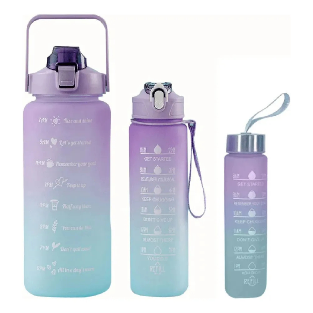 "Feminina" - Conjunto de 3 Garrafas Squeeze de Água Frases Motivacionais - Galão 2000ml, 900ml e 300ml - (Cores Sortidas)
