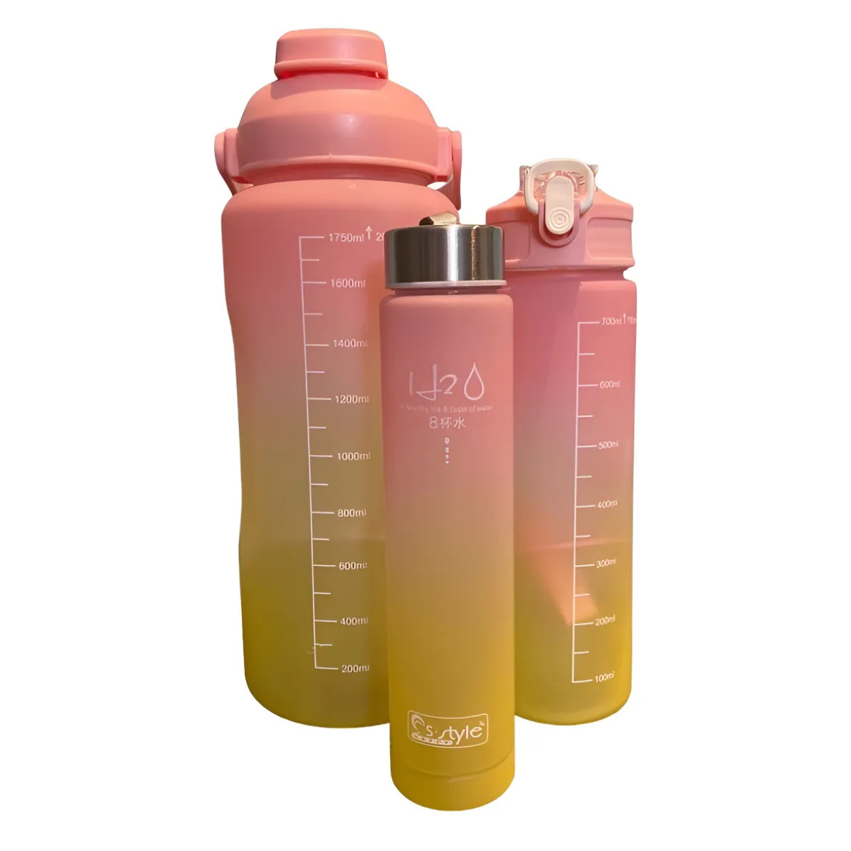 "Feminina" - Conjunto de 3 Garrafas Squeeze de Água Frases Motivacionais - Galão 2000ml, 900ml e 300ml - (Cores Sortidas)
