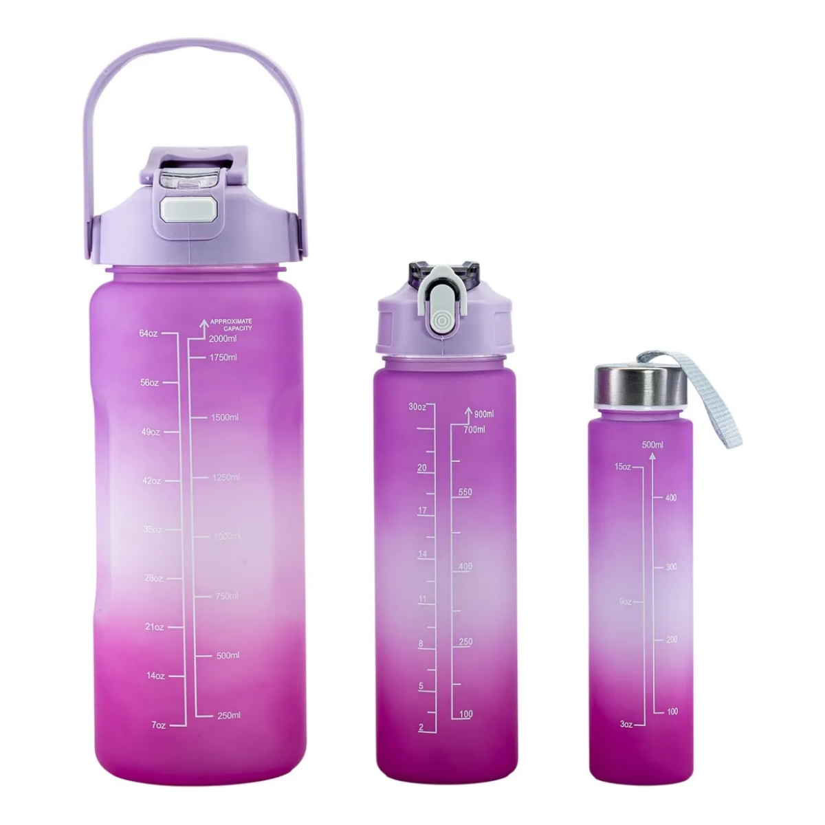 "Feminina" - Conjunto de 3 Garrafas Squeeze de Água Frases Motivacionais - Galão 2000ml, 900ml e 300ml - (Cores Sortidas)