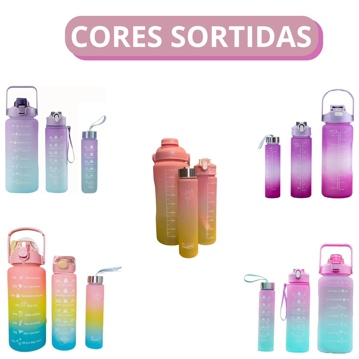 "Feminina" - Conjunto de 3 Garrafas Squeeze de Água Frases Motivacionais - Galão 2000ml, 900ml e 300ml - (Cores Sortidas)