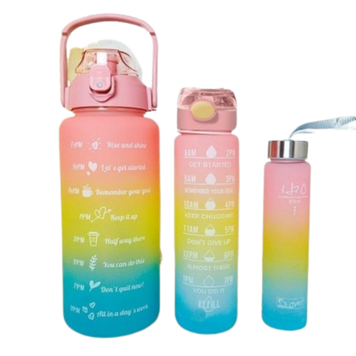 "Feminina" - Conjunto de 3 Garrafas Squeeze de Água Frases Motivacionais - Galão 2000ml, 900ml e 300ml - (Cores Sortidas)