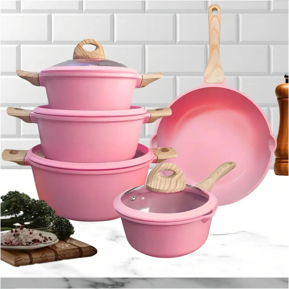 💗Granite Rose Chef Conjunto de Panelas Antiaderente Premium - Jogo de Panelas (5 Peças)– Revestimento Cerâmico Granito Antiaderente
