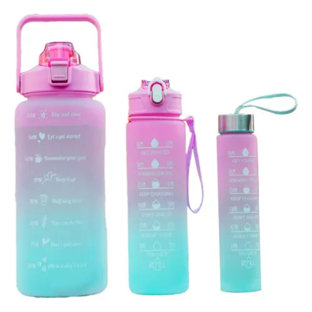 "Feminina" - Conjunto de 3 Garrafas Squeeze de Água Frases Motivacionais - Galão 2000ml, 900ml e 300ml - (Cores Sortidas)