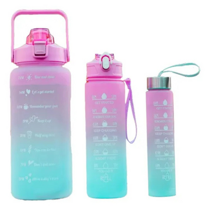 "Feminina" - Conjunto de 3 Garrafas Squeeze de Água Frases Motivacionais - Galão 2000ml, 900ml e 300ml - (Cores Sortidas)