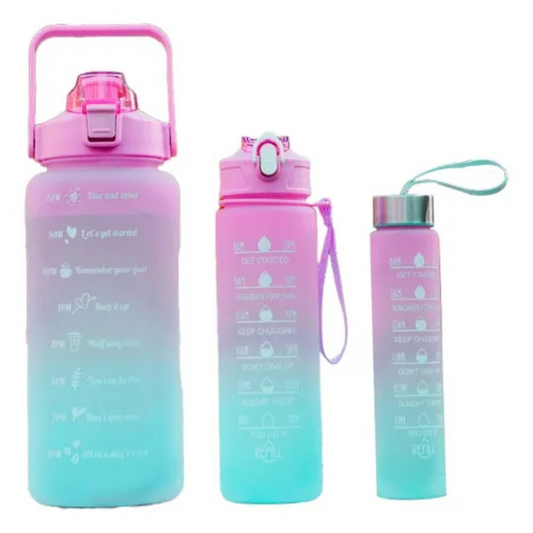 "Feminina" - Conjunto de 3 Garrafas Squeeze de Água Frases Motivacionais - Galão 2000ml, 900ml e 300ml - (Cores Sortidas)