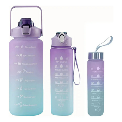 "Feminina" - Conjunto de 3 Garrafas Squeeze de Água Frases Motivacionais - Galão 2000ml, 900ml e 300ml - (Cores Sortidas)