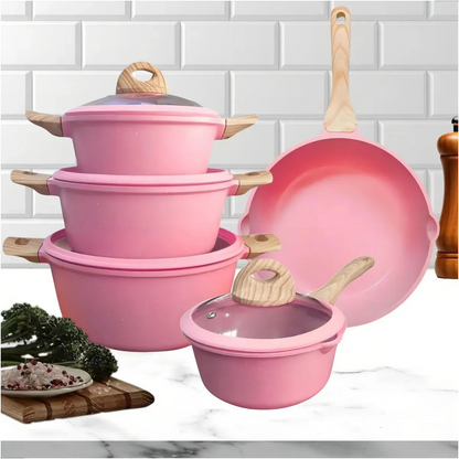 💗Granite Rose Chef   Conjunto de Panelas Antiaderente Premium - Jogo de Panelas (5 Peças)– Revestimento Cerâmico Granito Antiaderente
