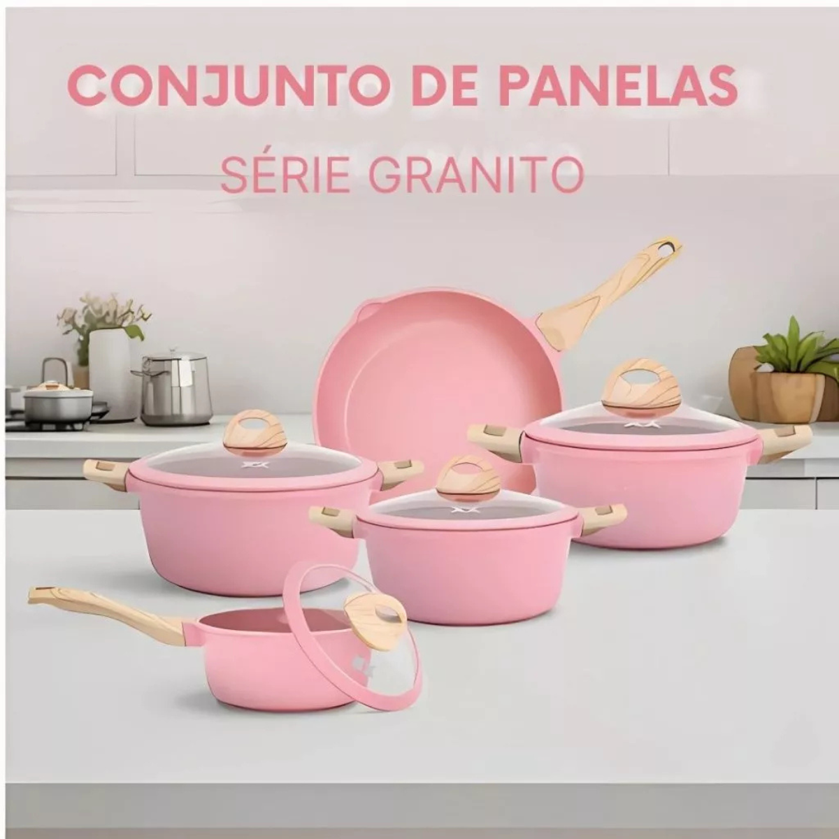Rosa - Jogo de Panelas 5 Peças – Revestimento Cerâmico Granito Antiaderente